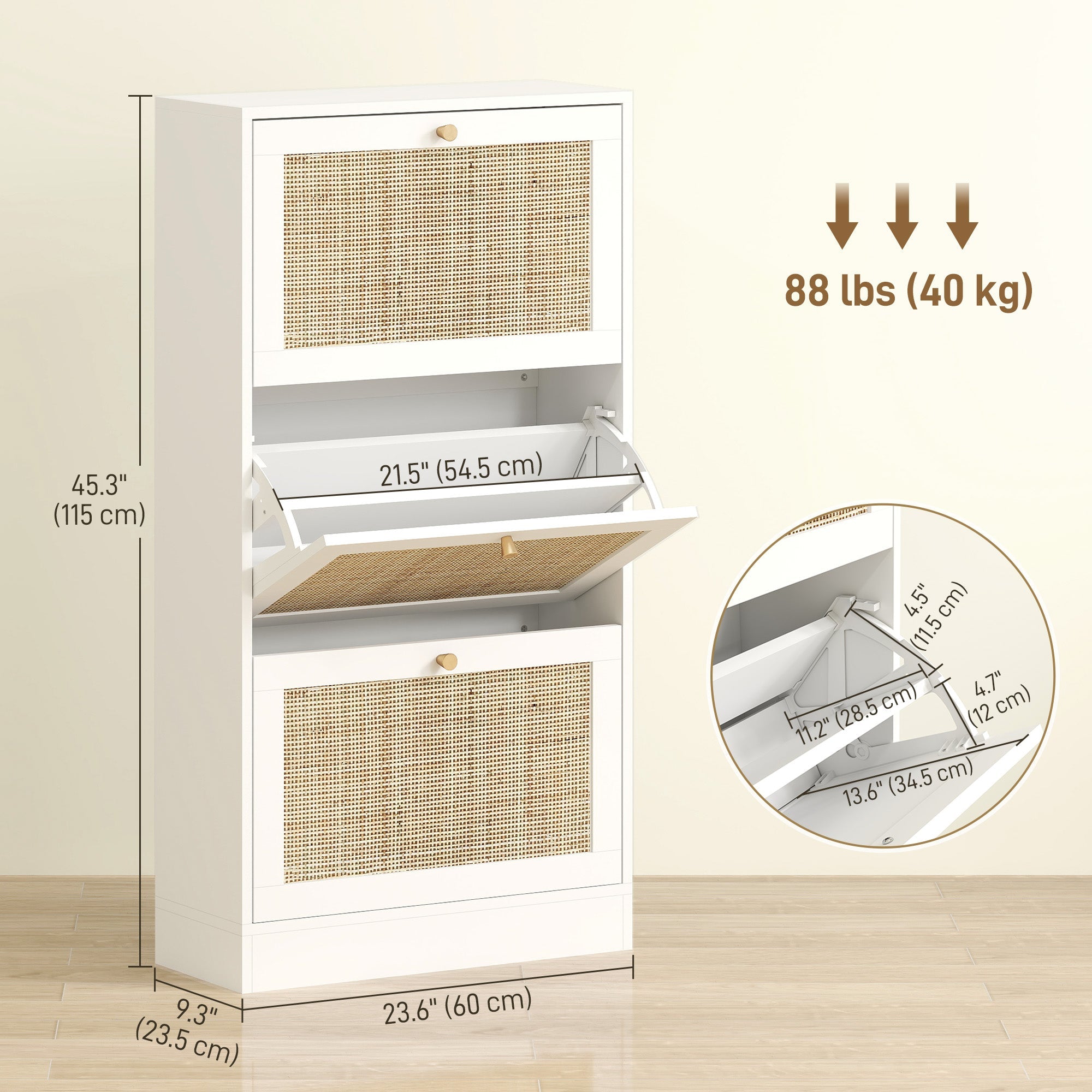 HOMCOM Rattan Shoe Storage Cabinet with 3 Flip Drawers and Adjustable Shelves, Entryway Shoe Cabinet for 18 Pairs, White 
