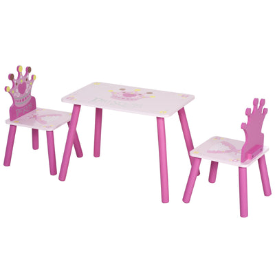 Qaba Petite Princess: 3-Piece Wooden Table and Chair Set with Crown Pattern, Pink Finish for Girls 