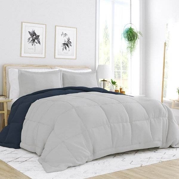 Twin/Twin XL 2-Piece Microfiber Reversible Comforter Set in Navy Blue/Grey - Free Shipping