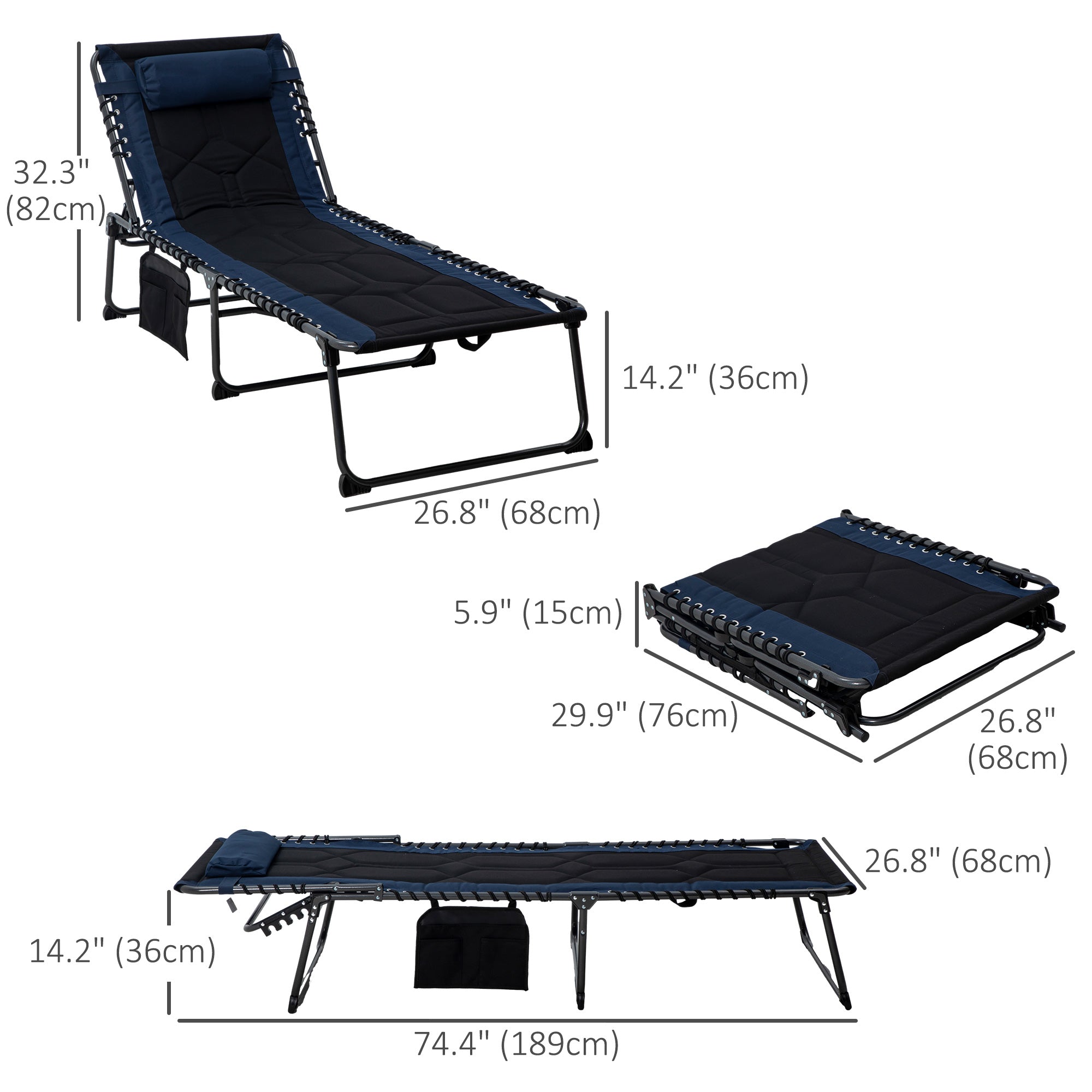 Outsunny Adjustable Folding Chaise Lounge Chair 5-Level Reclining Outdoor Tanning Lounger Padded Seat Side Pocket Blue 