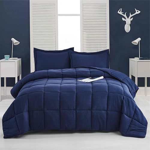 King Size Navy 3 Piece Microfiber Reversible Comforter Set - Free Shipping