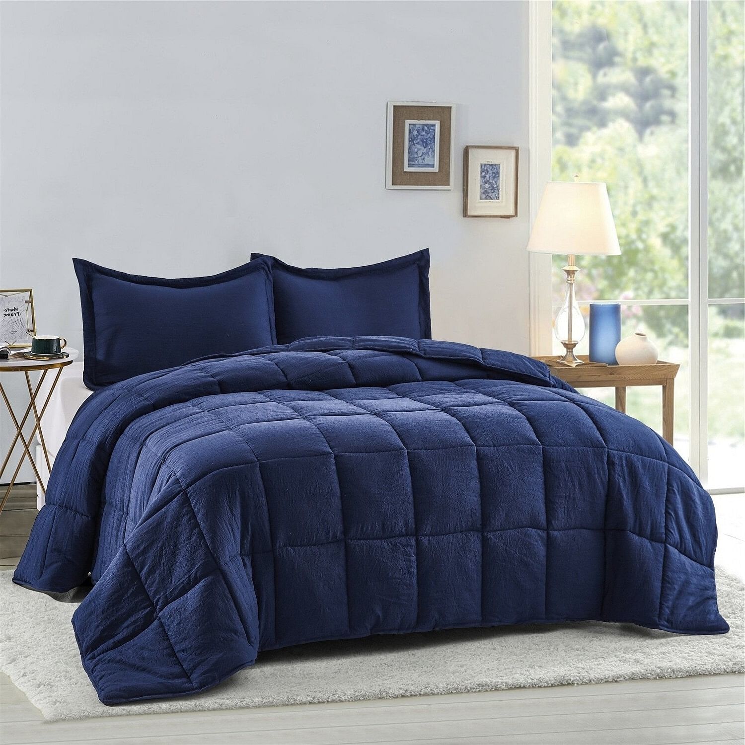 King Size Navy 3 Piece Microfiber Reversible Comforter Set - Free Shipping