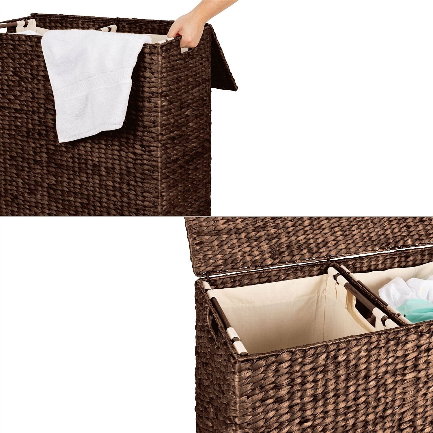 Espresso 2-Bin Handwoven Hyacinth Linen Liner Laundry Hamper w/ Handles - Free Shipping 