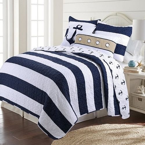 2 Piece Nautical Stripped/Anchors Reversible Microfiber Quilt Set Navy, Twin - Free Shipping