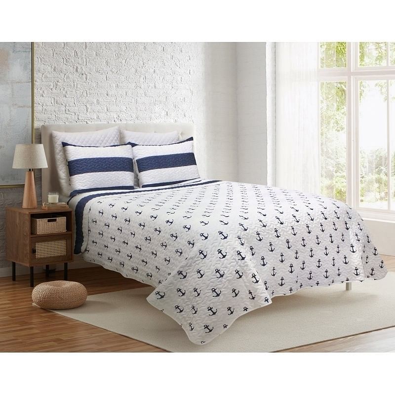 2 Piece Nautical Stripped/Anchors Reversible Microfiber Quilt Set Navy, Twin - Free Shipping