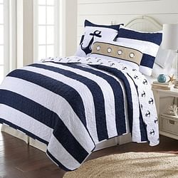 2 Piece Nautical Stripped/Anchors Reversible Microfiber Quilt Set Navy, Twin - Free Shipping 