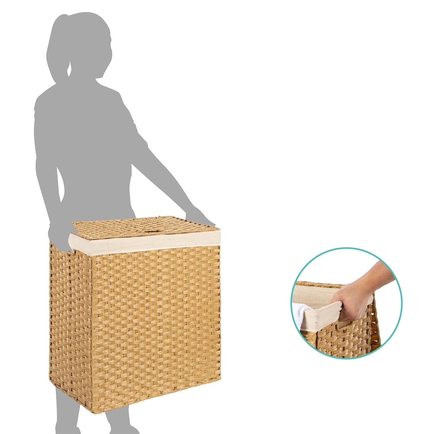 Folding 2-Bin Natural PE Wicker Linen Liner Laundry Hamper w/ Handles - Free Shipping