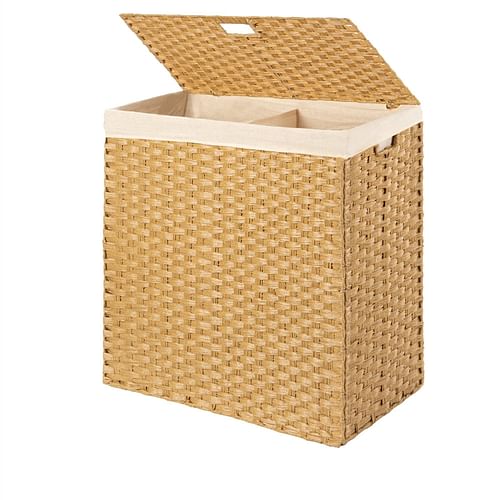 Folding 2-Bin Natural PE Wicker Linen Liner Laundry Hamper w/ Handles - Free Shipping 