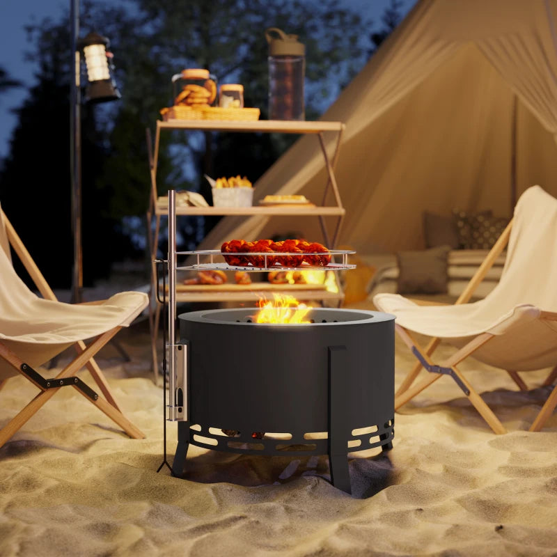 Outdoor Fire Pit, Round Firepit with Grill Grate, Fire Bowl with Ash Catcher and Poker for Backyard Camping Bonfire Picnic, Black