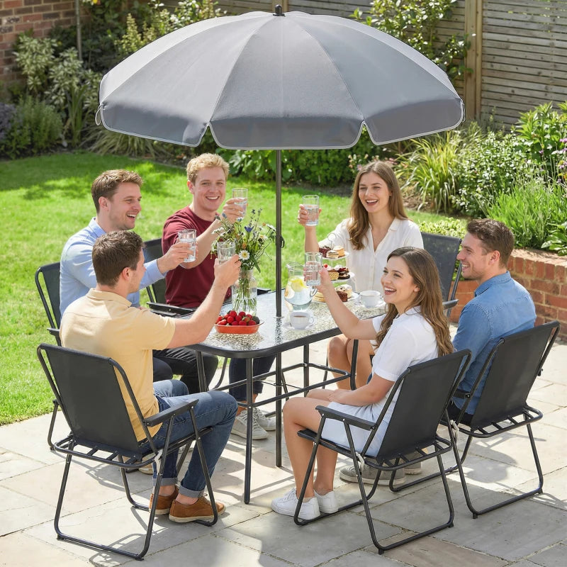 8 Piece Patio Table and Chairs Set with Folding Chairs, Tempered Glass Tabletop and Umbrella for Garden, Black
