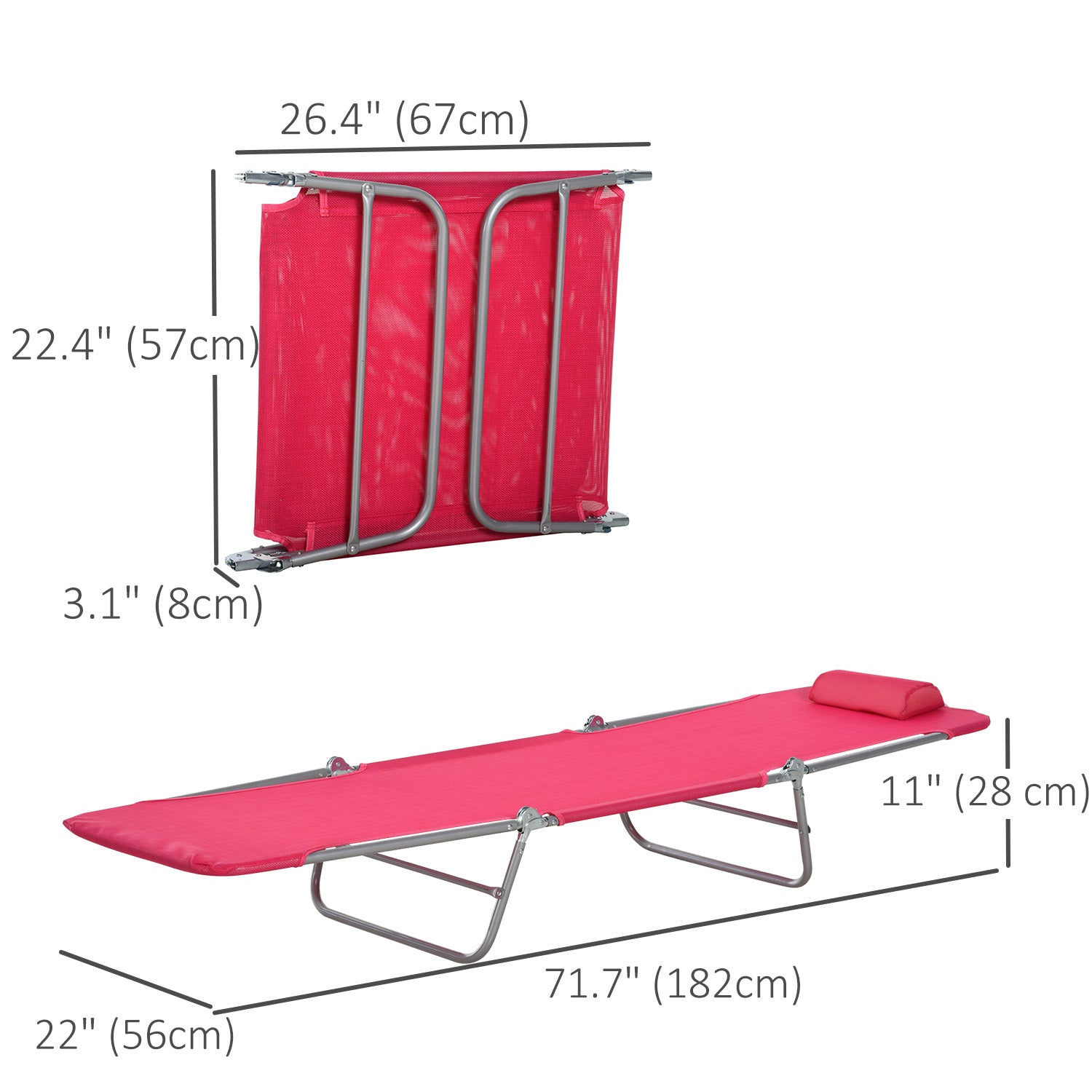 Outsunny Outdoor Lounge Chair, Portable Reclining Seat, Folding Chaise Lounge, Tanning Chair Bed with Pillow, Pink 