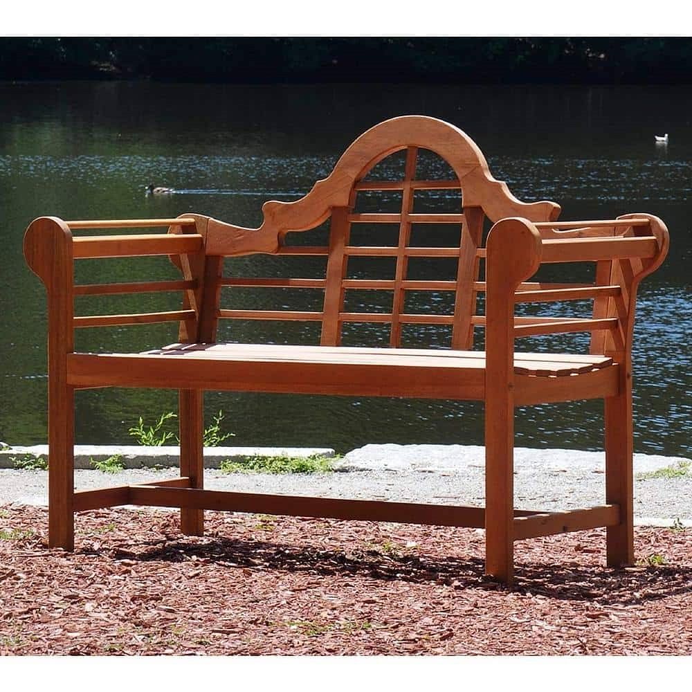 Solid Wood Outdoor Lattice Back Garden Bench with Armrests in Natural Finish - Free Shipping