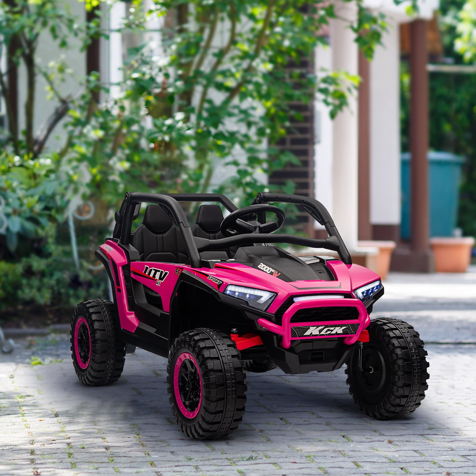 Qaba 2 Seater 24V 7AH Ride on Truck, Electric Car for Kids w/ Spring Suspension, Remote Lights, Horn, Music, Pink 