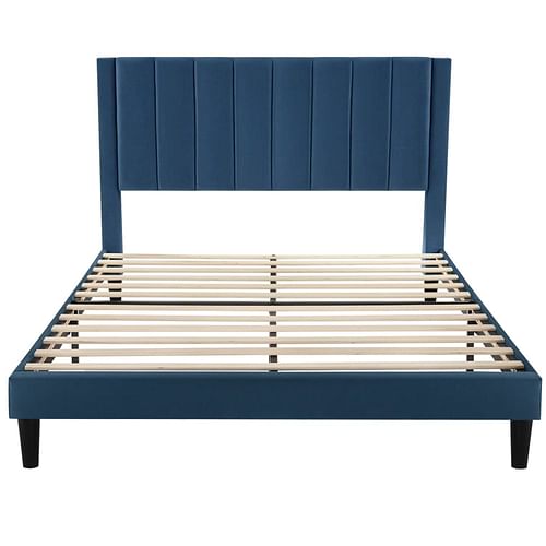 Queen size Modern Navy Blue Velvet Upholstered Platform Bed with Headboard - Free Shipping