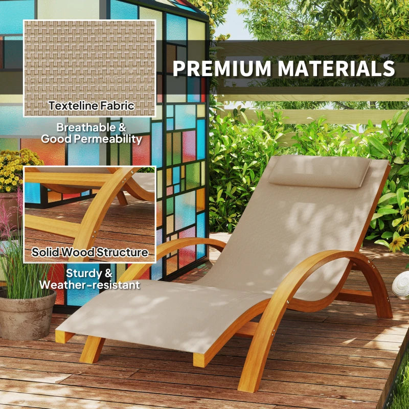 Outdoor Wood Chaise Lounge Chair Recliner Patio Camping with Headrest, Teak & Light Khaki