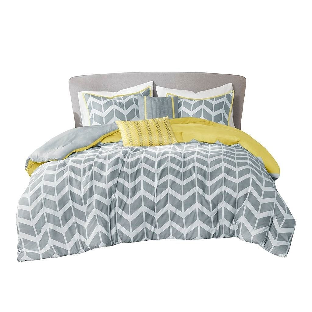 King / Cal King Reversible Comforter Set in Grey White Yellow Chevron Stripe - Free Shipping