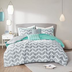 Twin/Twin XL Reversible Comforter Set in Grey White Aqua Teal Chevron Stripe - Free Shipping