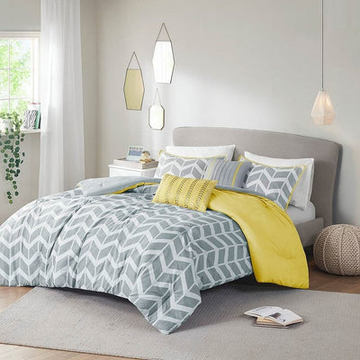 Twin / Twin XL Reversible Comforter Set in Grey White Yellow Chevron Stripe - Free Shipping 