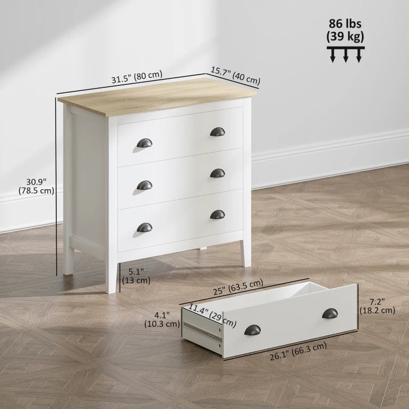 Chest of Drawers with Anti-Tipping, Simple Setup, Easy Clean, Quiet Slides, Modern 3 Drawer Dresser, White