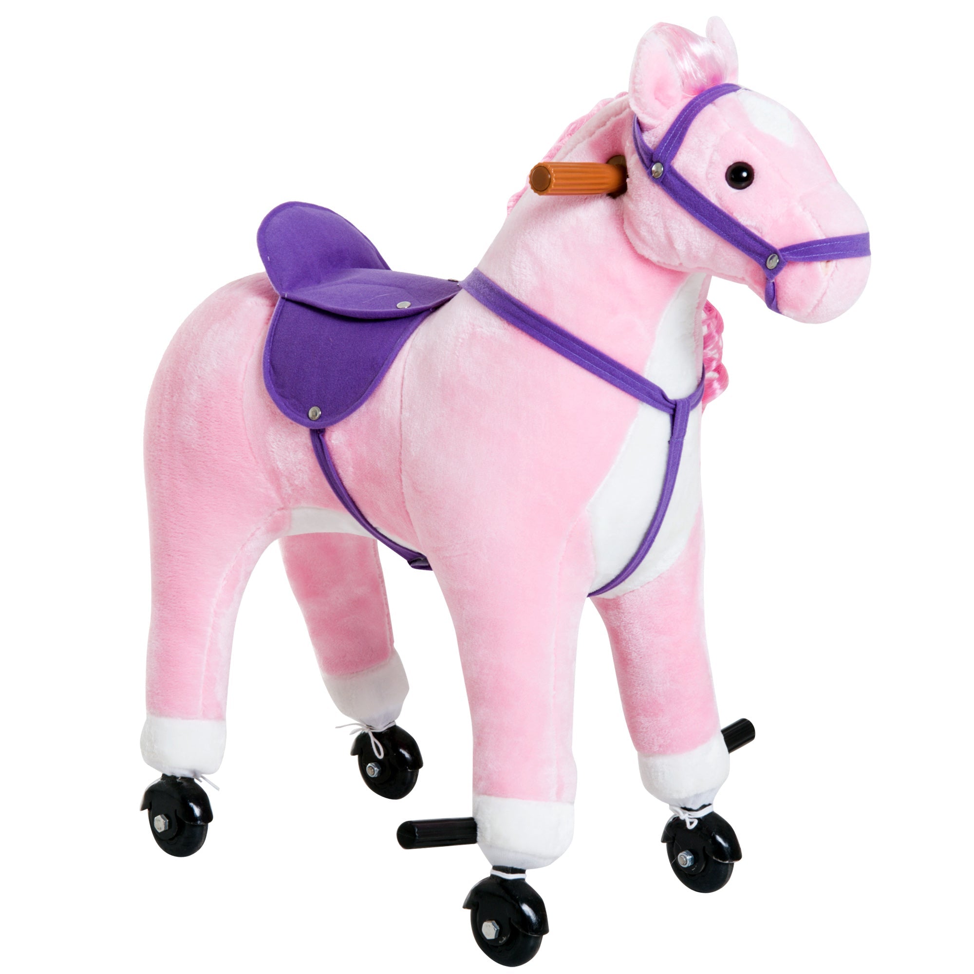 Qaba Pink Plush Pony Ride-On Toy for Kids - Rocking Horse with Neigh Sound & Wheels, 110lb Weight Limit 