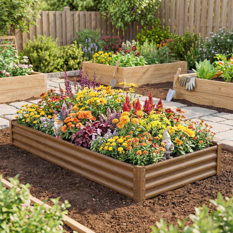 8 x 4 x 1ft Galvanized Raised Garden Bed, Reinforced Outdoor Planter Box with Open Bottom, Distressed Brown
