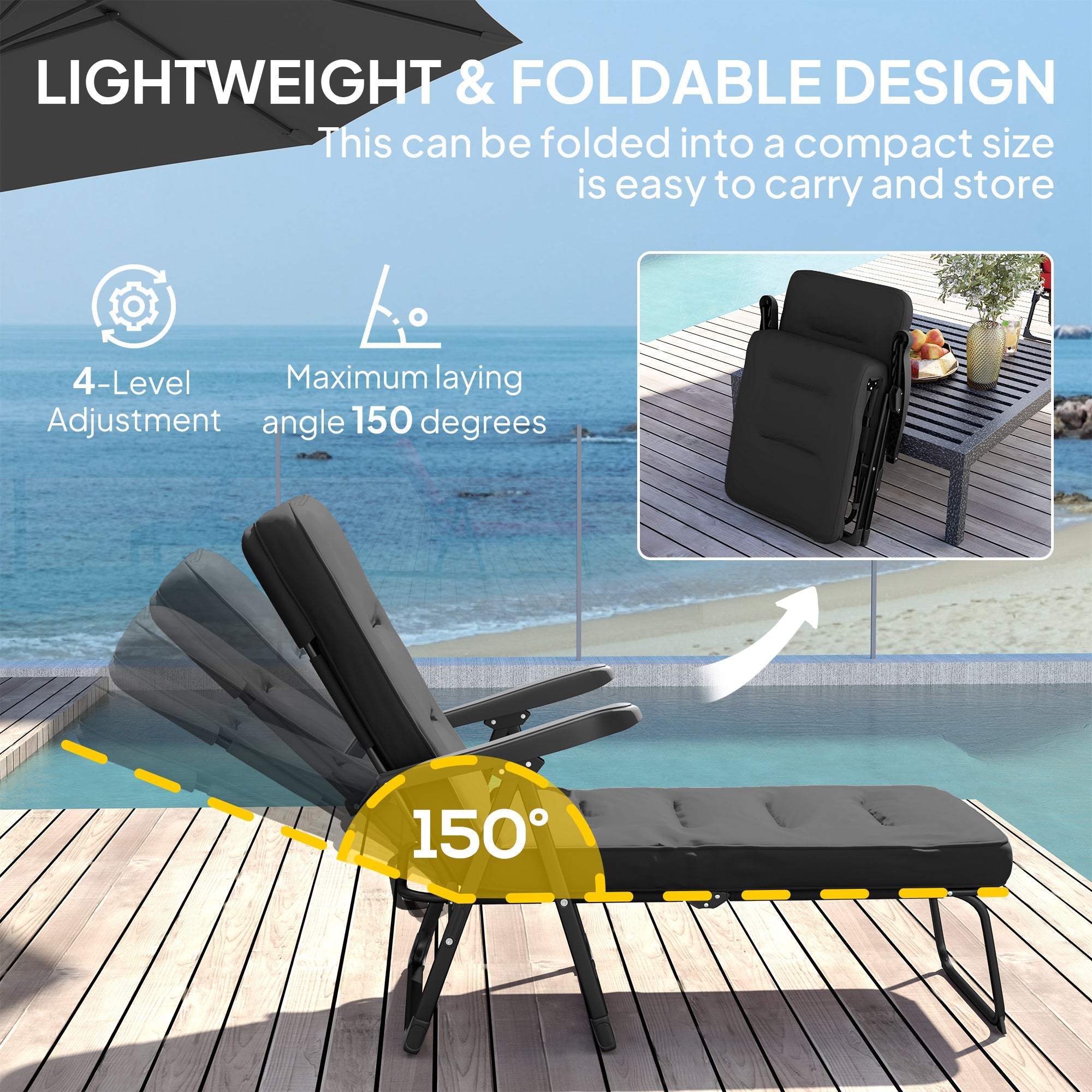 Outsunny Folding Outdoor Lounge Chair with Cushion, Adjustable Backrest, Reclining Patio Garden Chair with Footrest, Black 