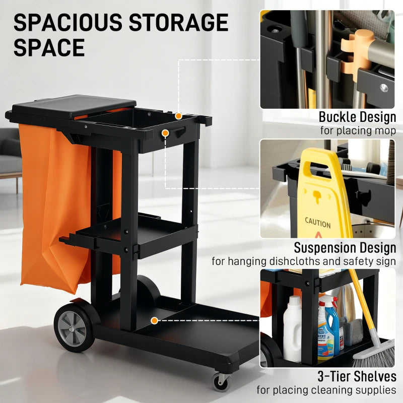 Commercial Janitorial Cart with 3 Tier Shelves, Cleaning Cart with Rubbish Bag and Mop Mount for Hotel Restaurant, Grey