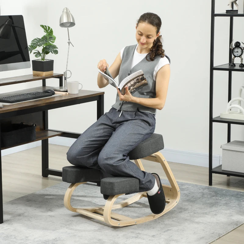 Ergonomic Kneeling Chair, Wood Kneel Stool with Thick Pads, Desk Knee Chair, Improve Posture, Dark Grey
