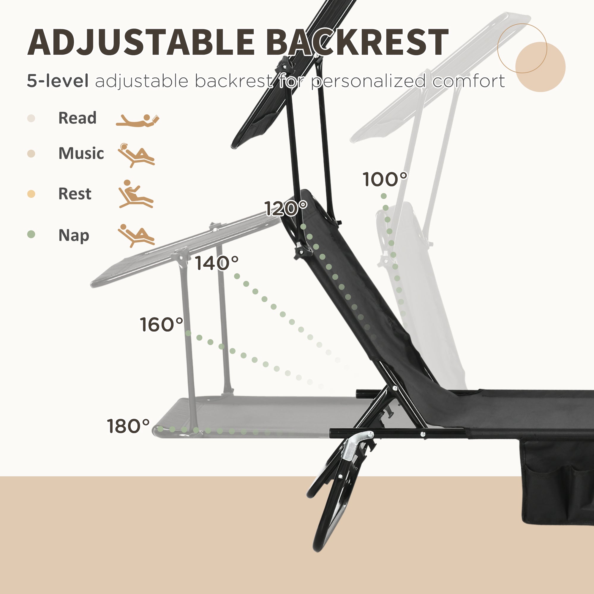 Outsunny Outdoor Chaise Lounge Chairs Set of 2 with Recliner Back and Sunshade for Pool Beach Patio Black 