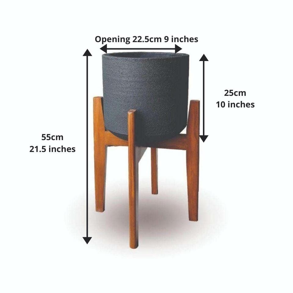 Neri Black Mid- Century Cement Planter With Wooden Stand 