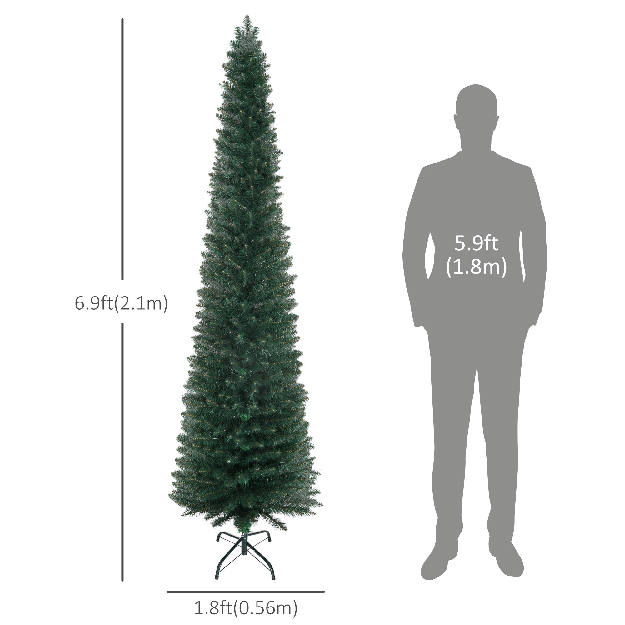 HOMCOM 7FT Artificial Christmas Tree Xmas Pencil Tree Holiday Home Indoor Decoration with Foldable Black Stand for Party, Green 