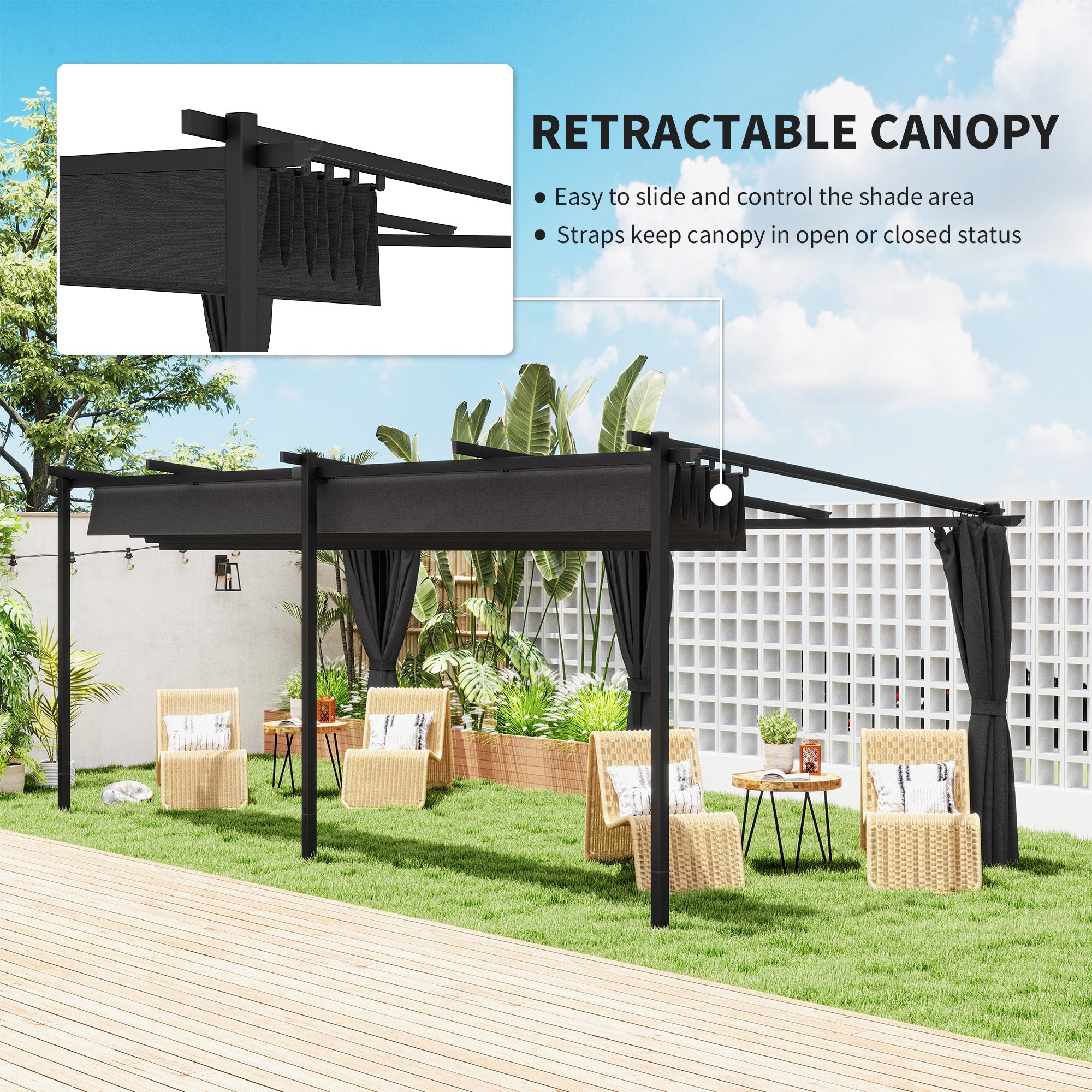 Outsunny 10' x 20' Metal Retractable Pergola Canopy with Sidewalls, Outdoor Gazebo UPF30+ Sun Shade Shelter for Garden, Deck 