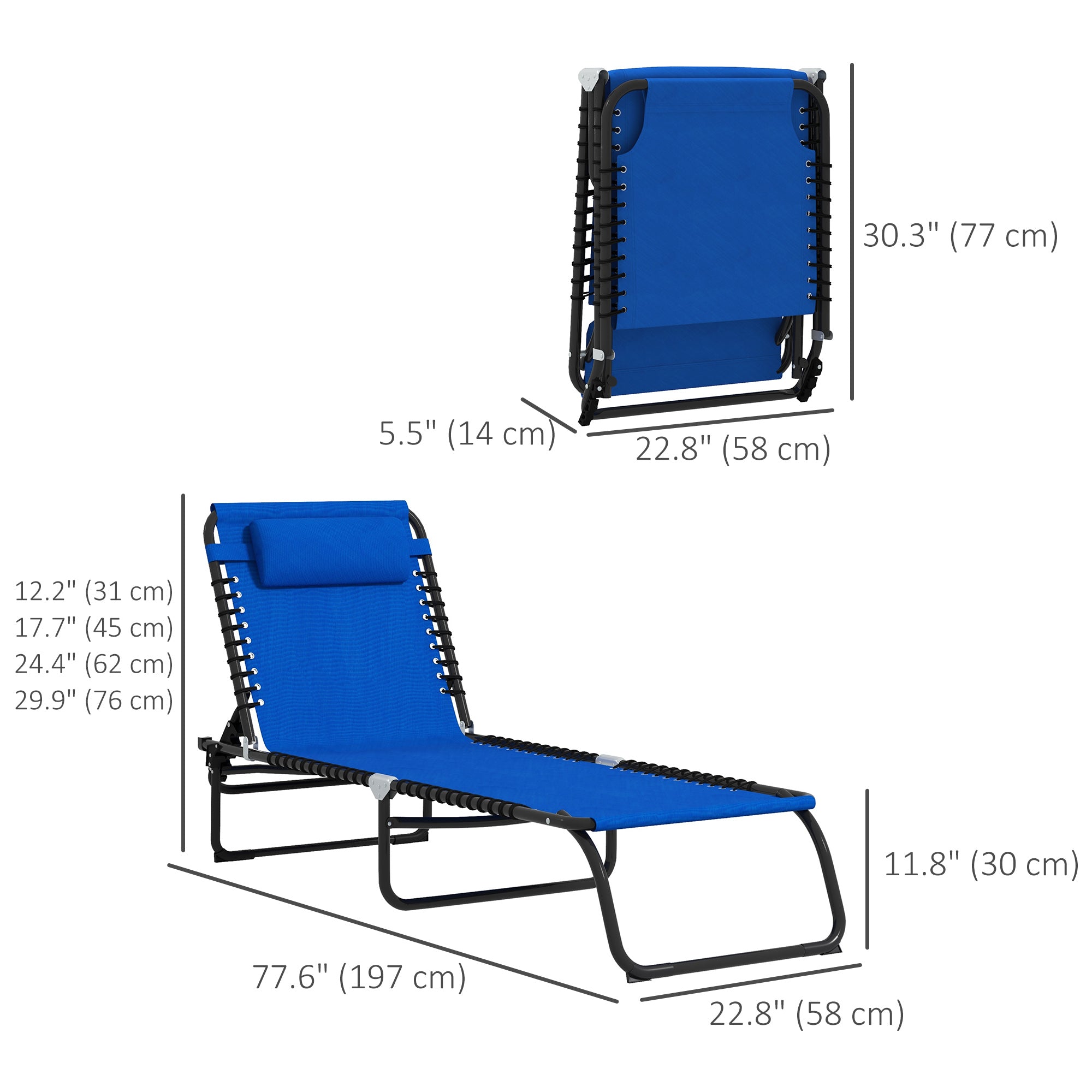 Outsunny 2 PCs Folding Lounge Chairs, Adjustable Chaise Lounge with Headrest, Reclining Lounger Cot for Camping, Hiking, Blue 