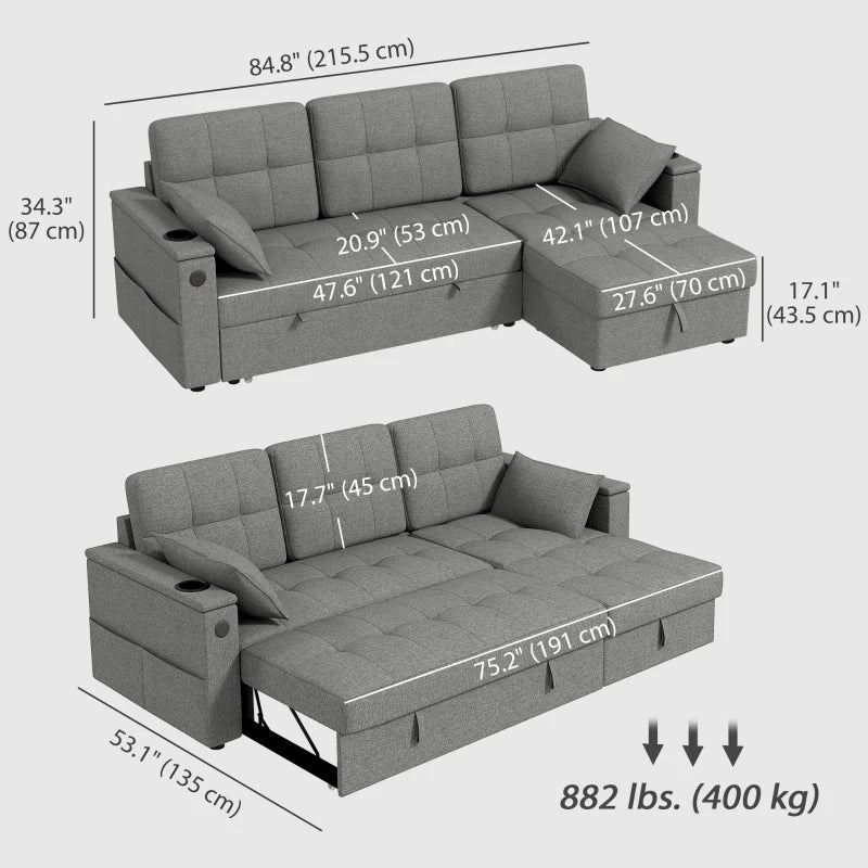 Convertible Sectional Sofa Bed, Pull Out Sleeper Sofa Couch with USB‑A+C, Chaise Storage, L-Shaped Futon Couch, Grey