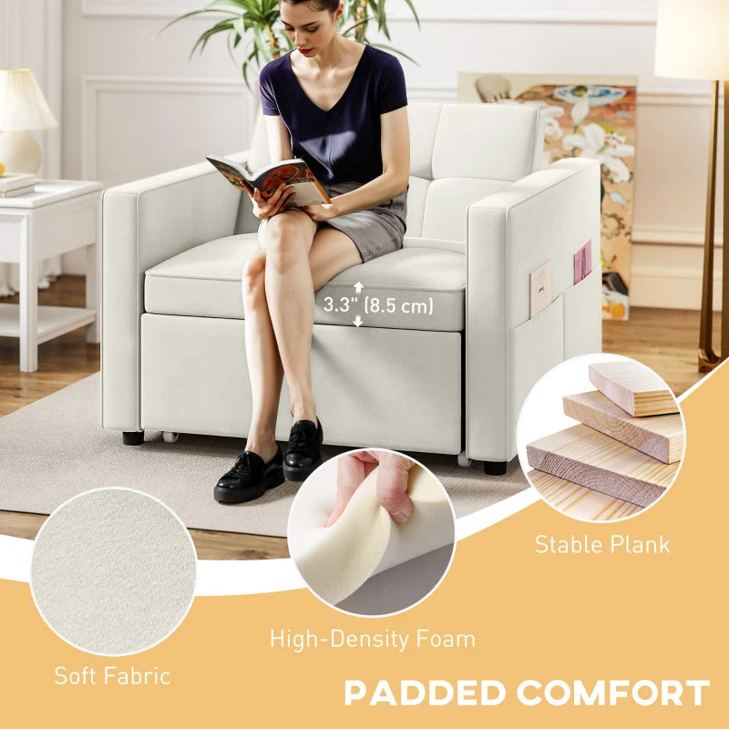 Convertible Chair Bed, Pull Out Sleeper Chair with USB, Adjustable Backrest, Small Velvet Futon Sofa Bed, Cream White