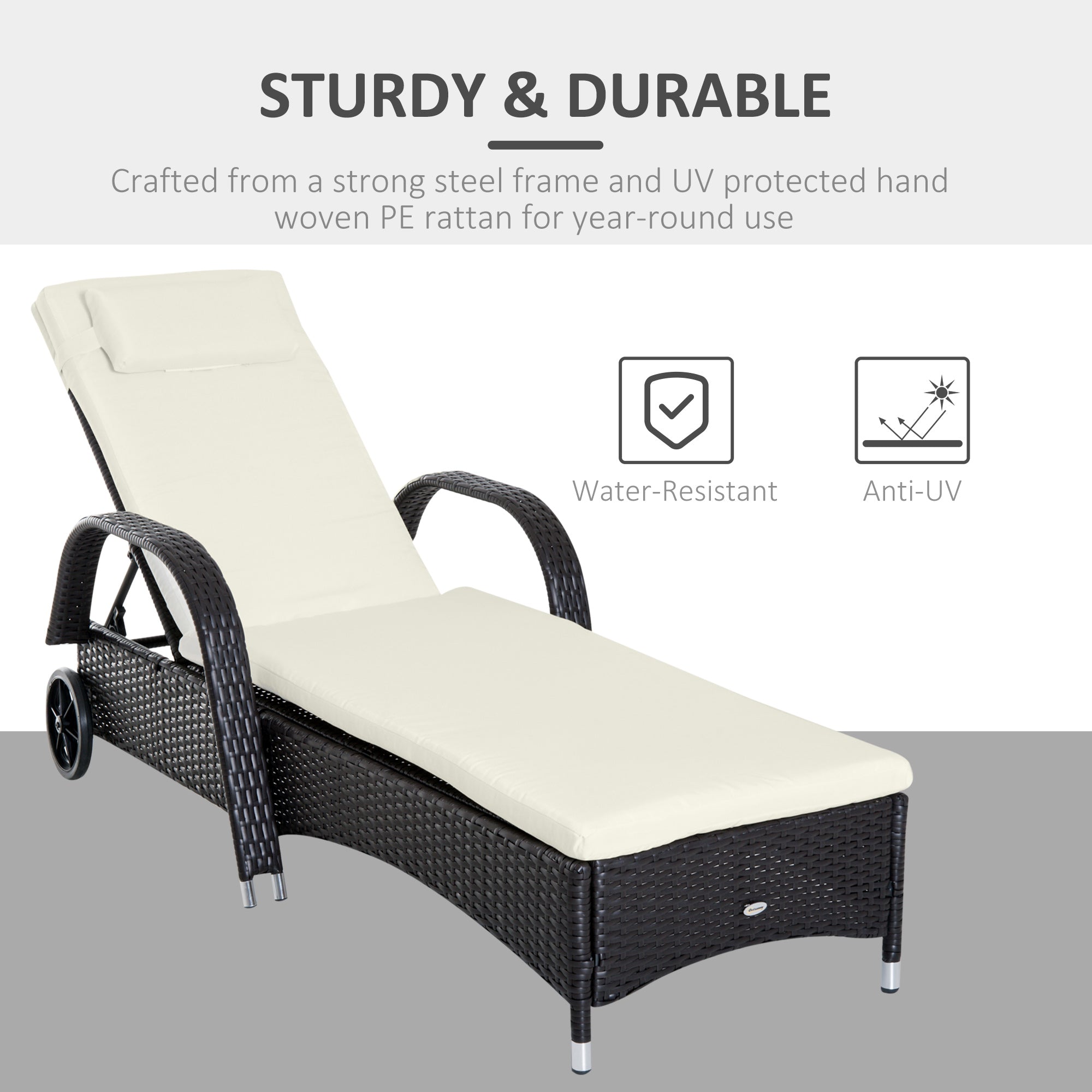 Outsunny Adjustable Rattan Wicker Sun Lounger Outdoor Recliner Chair Garden Chaise Lounge with Cushion 