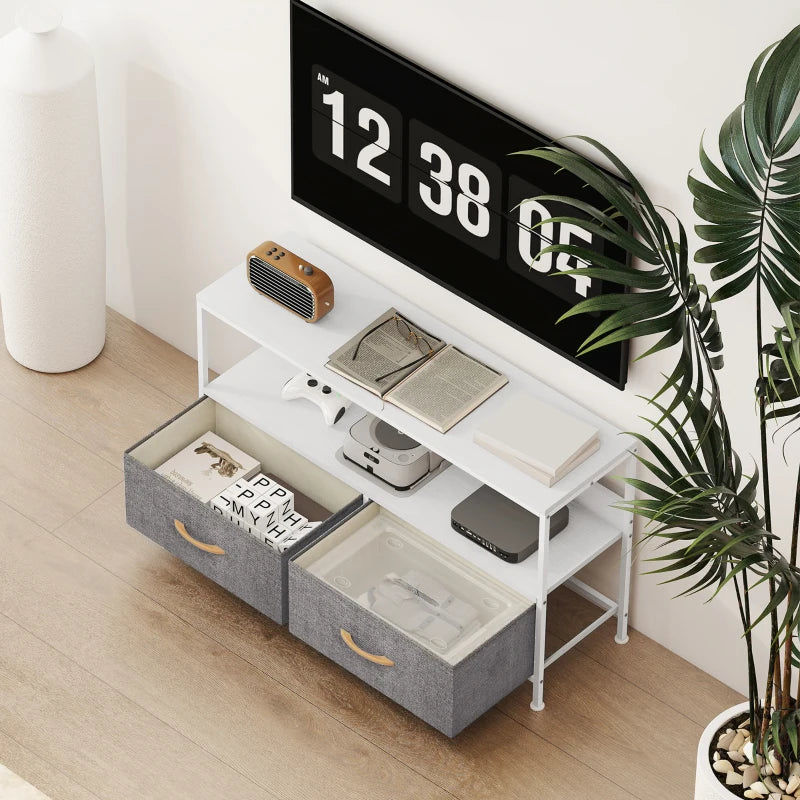 TV Stand with Charging Station, TV Table with 2 Foldable Linen Drawers and Open Shelf for 47 Inch Television, White