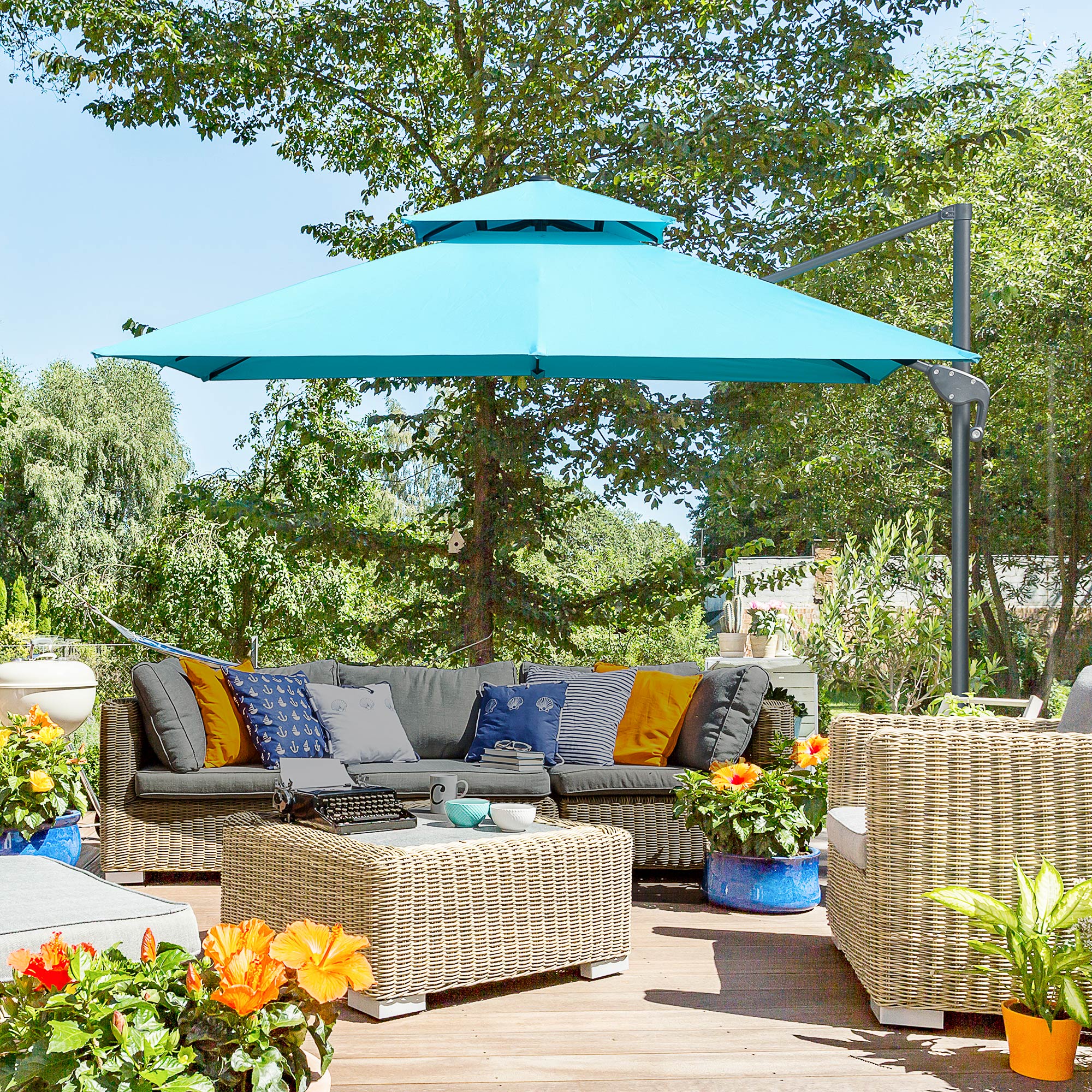 Outsunny 10'x10' Square Cantilever Patio Umbrella: Light Blue Offset Aluminum with 360° Rotation 