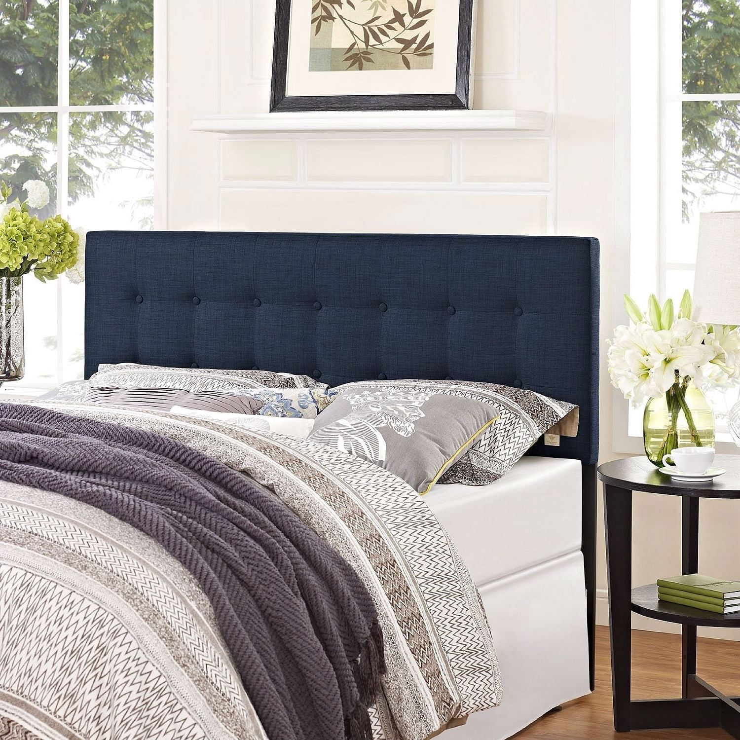 Full size Navy Fabric Modern Upholstered Headboard - Free Shipping