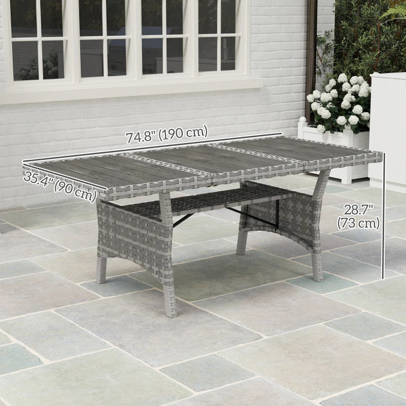 75" Outdoor Dining Table for 6-8, Wicker Patio Table with Storage Shelf and WPC Slatted Top for Balcony, Grey