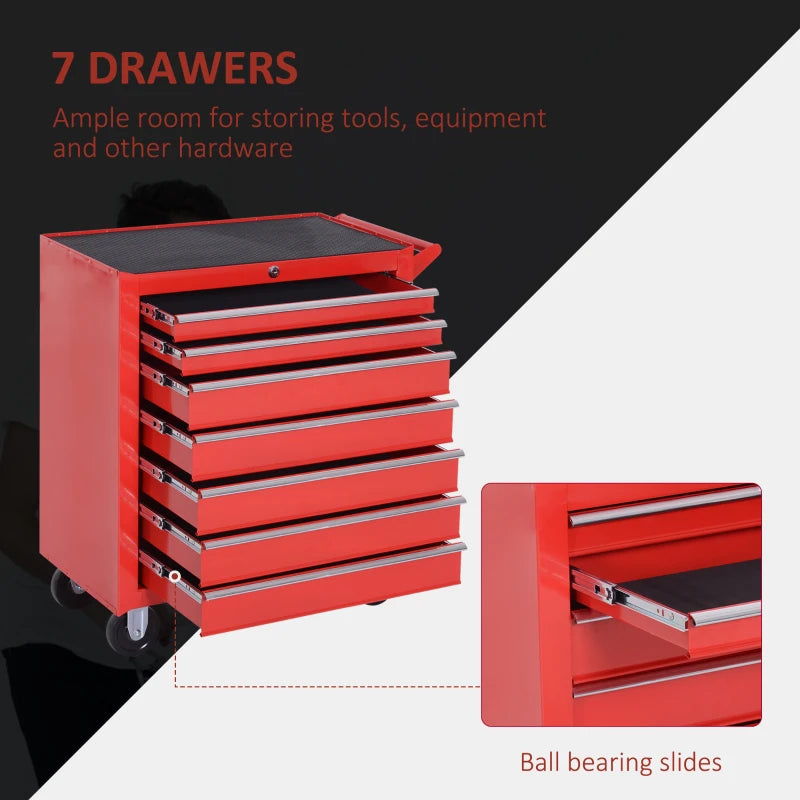 Lockable Tool Chest and Tool Box Set of 2, 7 Drawer Tool Cabinet with Wheels, 4 Drawer Portable Tool Chest with Handle for Garage, Factory, Workshop, Red