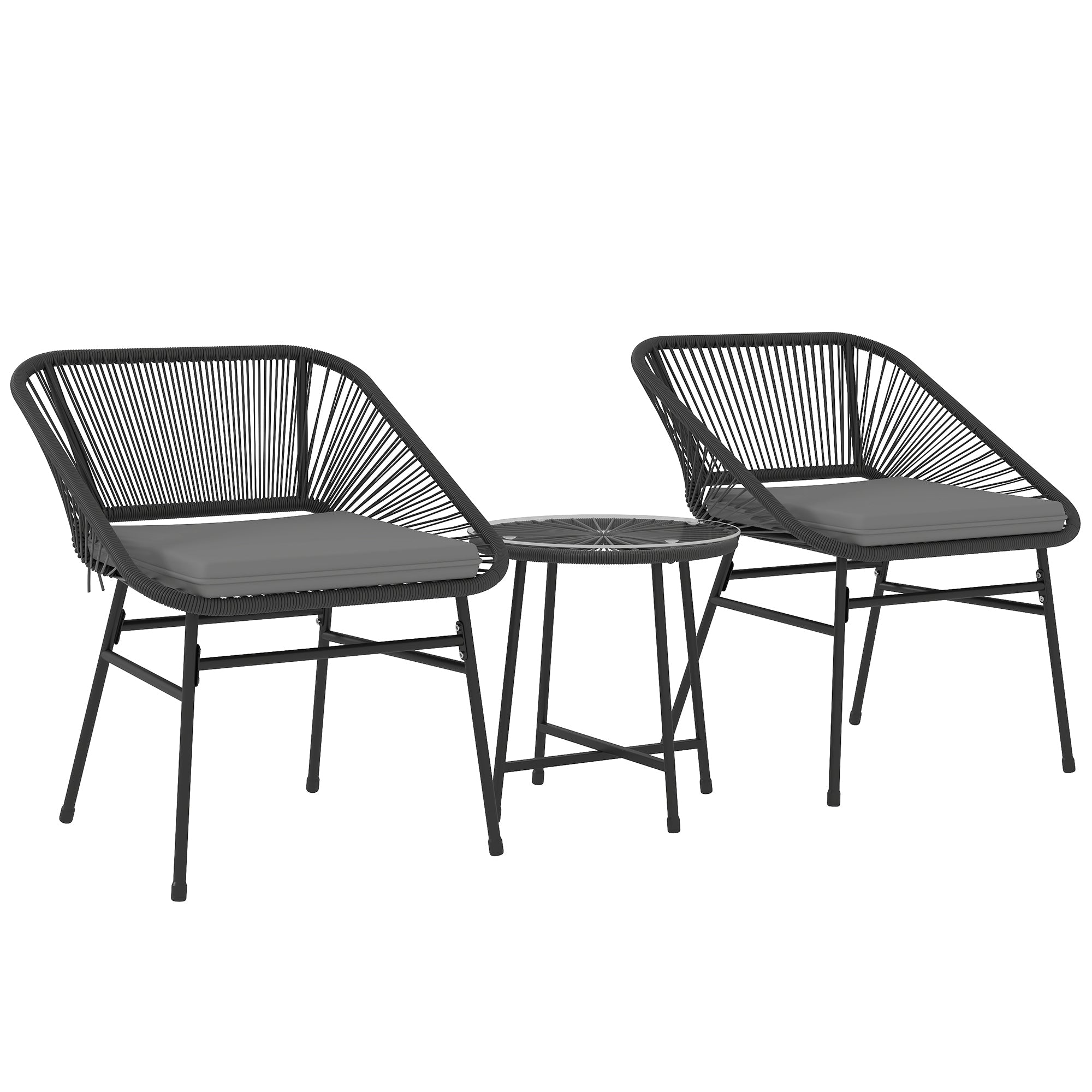 Outsunny 3 Piece Bistro Set, Wicker Outdoor Patio Furniture Set with Glass Top Table, Cushions for Balcony, Porch, Black 
