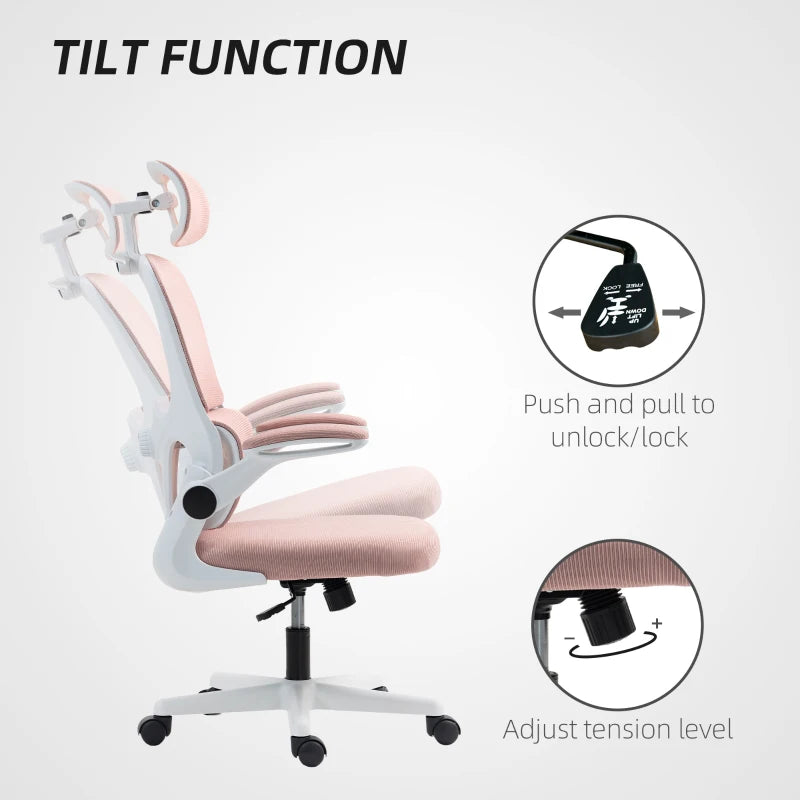 Mesh Office Chair, Ergonomic Desk Chair with Flip-up Armrest, Rotatable Headrest, Adjustable Lumbar Support, Pink