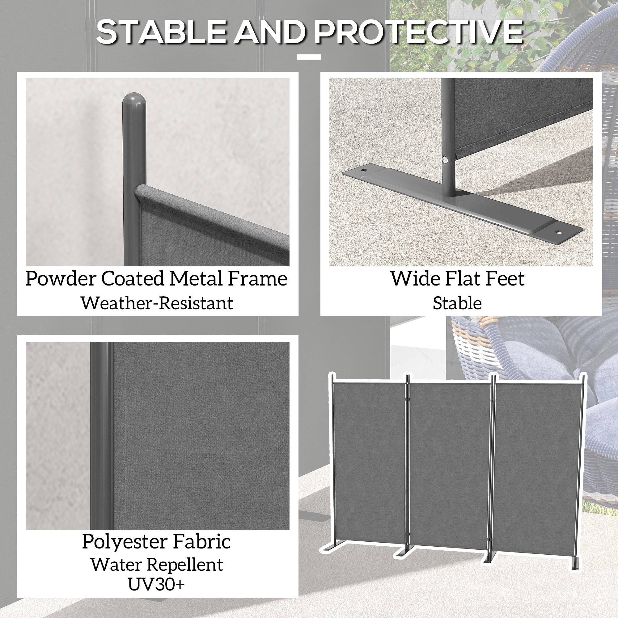 Outsunny 3 Panel Folding Outdoor Privacy Screen, 5.8FT Tall Room Divider with UV30+ Protection, Freestanding Privacy Panel Partition with Stable Base for Indoor Outdoor, Dark Grey 