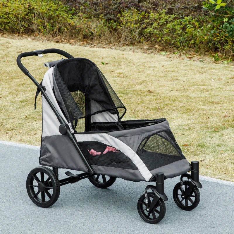 Foldable Pet Stroller for Large Dogs with Four Big Wheels, Shock-Absorbing Frame, Safety Leashes, Brakes, Dark Grey
