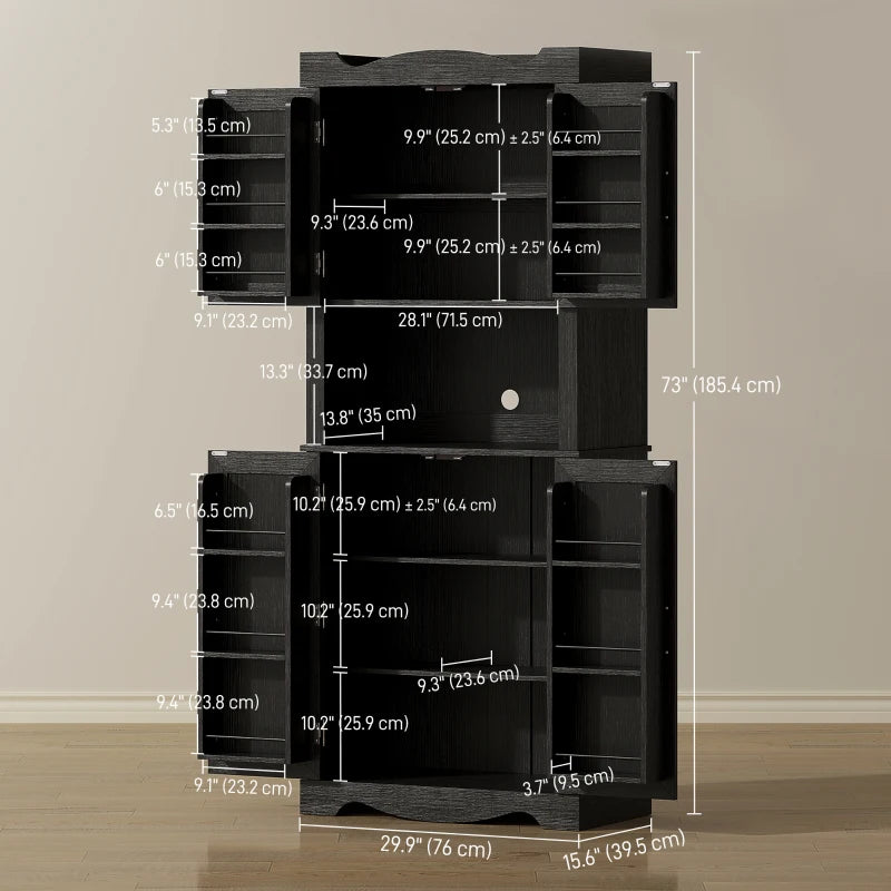 73" Kitchen Pantry Cabinet, Freestanding Kitchen Hutch with 12 Door Shelves, Adjustable Shelves, Microwave Stand, Black