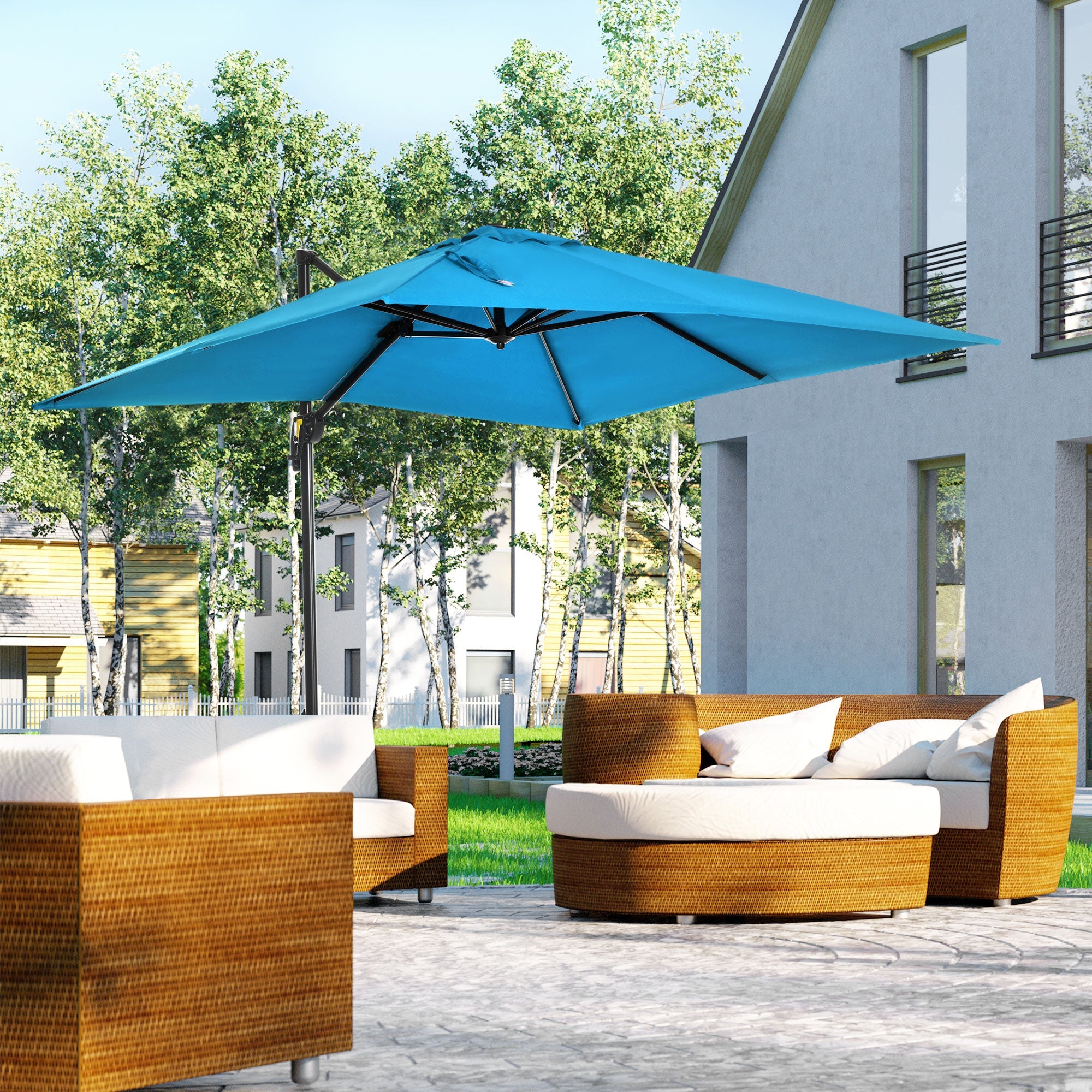 Outsunny 8' x 8' Square Patio Hanging Offset Umbrella with 360° Rotation, Aluminum Outdoor Cantilever Market Parasol, Turquoise 