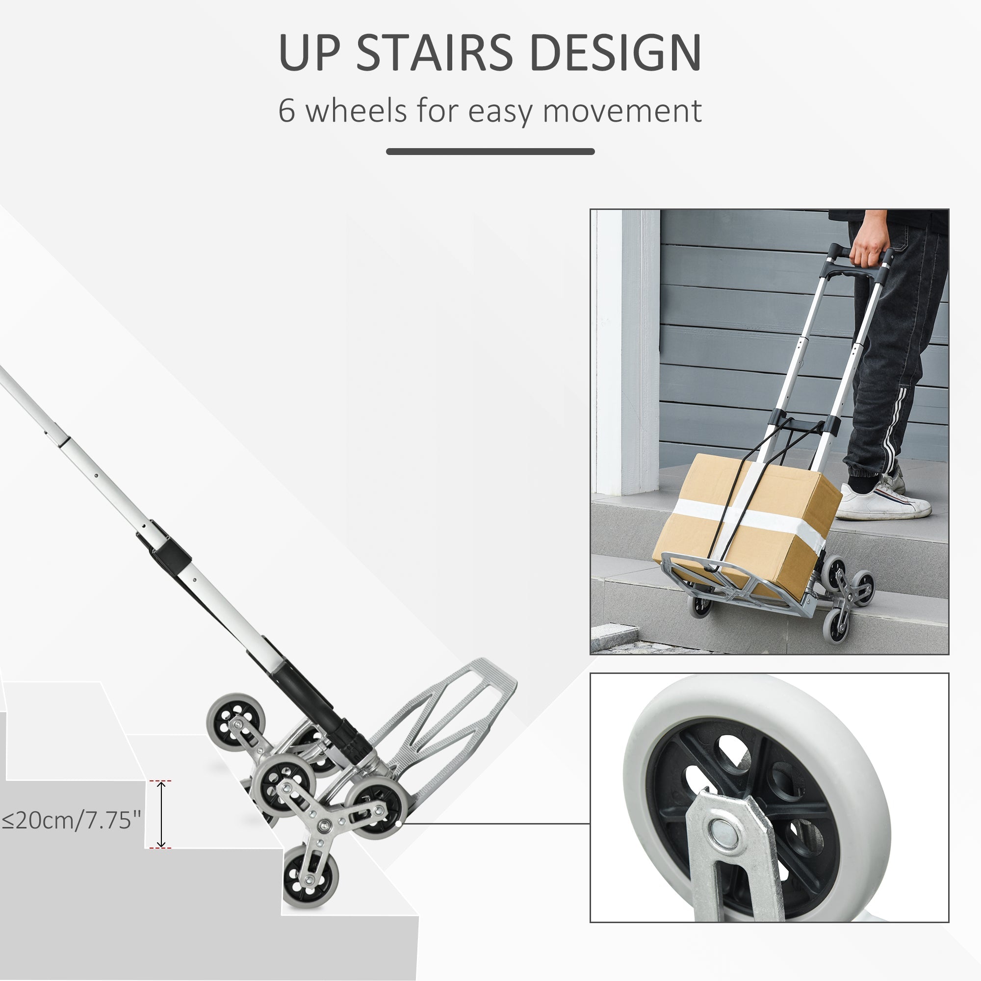 DURHAND Aluminum Ally: 6-Wheel Folding Hand Cart, Up Stairs Design, Portable 154lbs Capacity, Silver Finish 