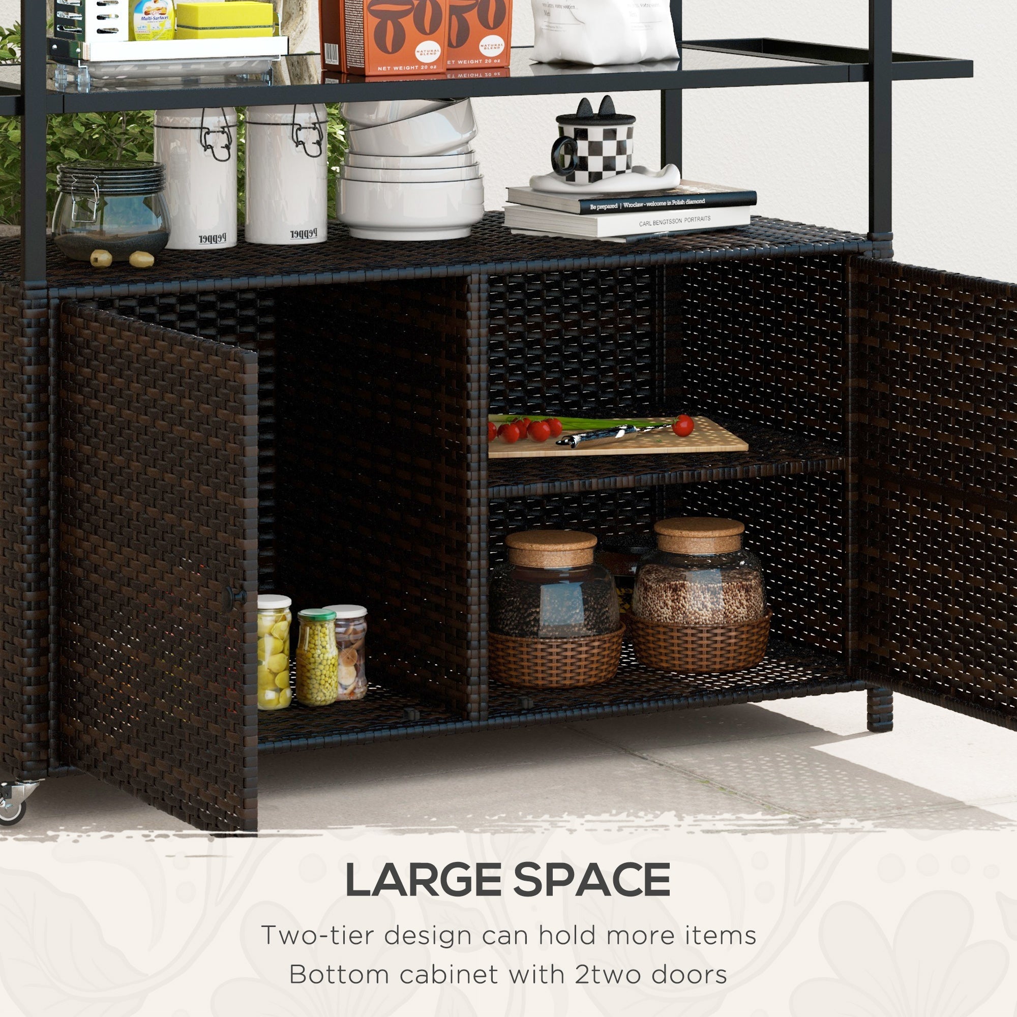 Outsunny 2-Tier PE Rattan Outdoor Bar Cart, Glass Top Outdoor Kitchen Island with Cabinet, Mixed Brown 