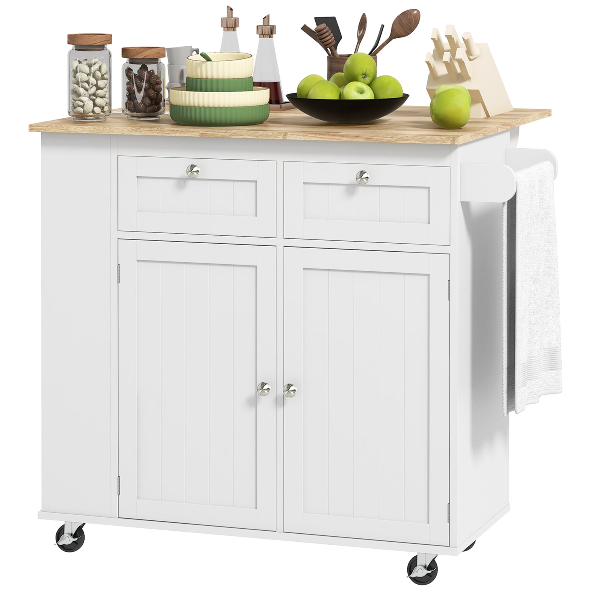 HOMCOM Kitchen Island: Power Outlet, Drop Leaf, Rolling Cart, 2 Drawers, Adjustable Shelves 